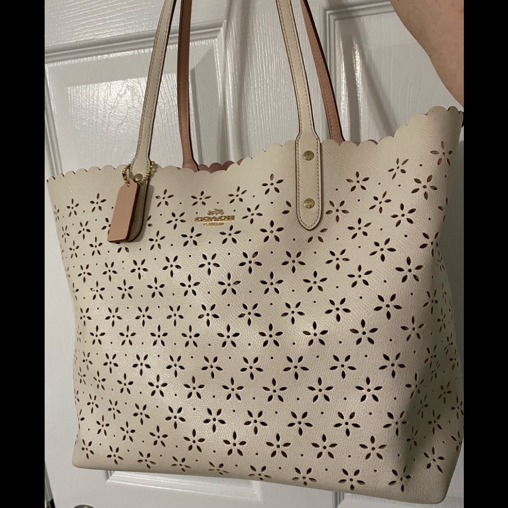 Coach Tote in Cream colored eyelet design.